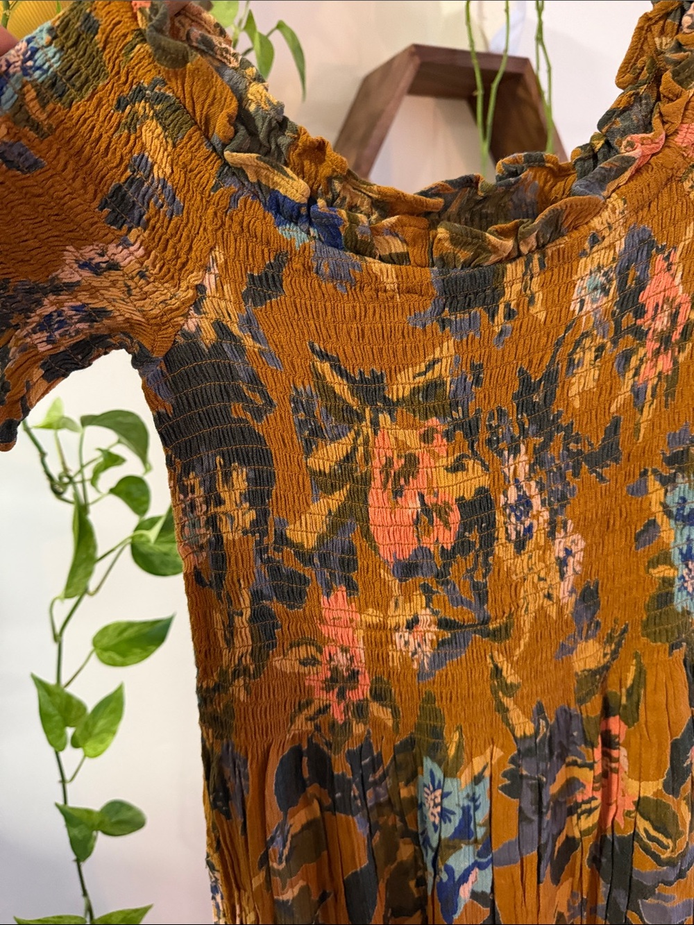 Kimchi Blue Mustard Floral Maxi Dress with Blue and Pink Accents - Picture 2 of 6
